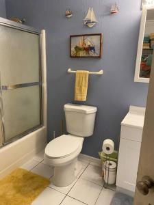 La salle de bains est pourvue d'une douche et de toilettes blanches. dans l'établissement Vintage Vero Bungalow, à Vero Beach