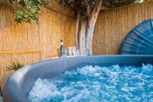 bañera de hidromasaje con botella de vino en Casa Doris, en Vicuña