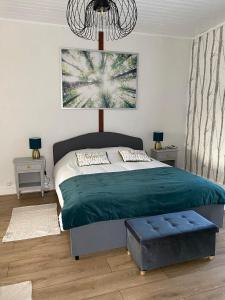 a bedroom with a green bed and a chandelier at Domaine de Marchal - chambres et table d'hôtes in Celles-sur-Durolle