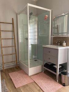 a bathroom with a shower with a sink and a mirror at Domaine de Marchal - chambres et table d'hôtes in Celles-sur-Durolle
