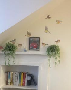 a staircase with birds and plants on the wall at Studio Flat in Largs