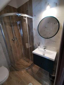 a bathroom with a shower and a sink and a mirror at Jarzębinowy Resort & SPA in Braniewo