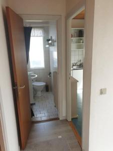 baño pequeño con aseo y ventana en Apartment in Hirtshals, en Hirtshals