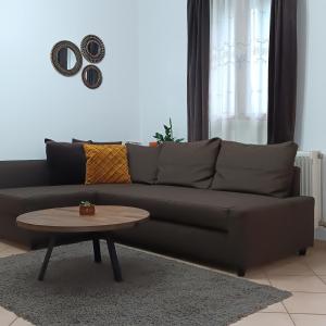 ein Wohnzimmer mit einem Sofa und einem Couchtisch in der Unterkunft Baou House 1 in Metsovo