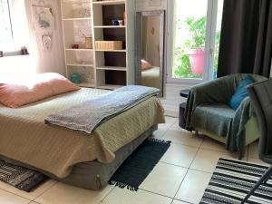 1 dormitorio con 1 cama, 1 silla y 1 ventana en Maisonnette Nantes en Nantes