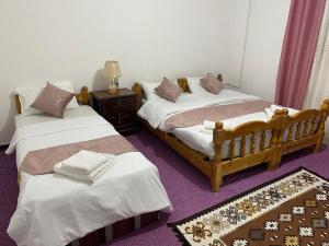 taila hostel في وادي موسى: سريرين في غرفة مع سجادة أرجوانية