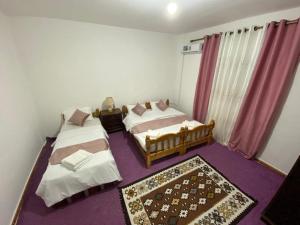 a bedroom with two beds and a purple carpet at taila hostel in Wadi Musa