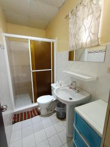 a bathroom with a toilet and a sink and a shower at Sun Havens Apartments & Suites in Bocas del Toro