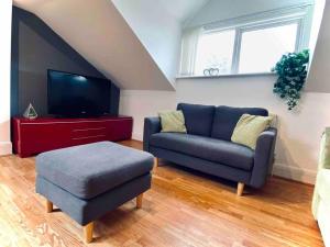 a living room with a blue couch and a tv at Beautiful 2 bedroom apartment - close to beach in Waterloo