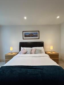 um quarto com uma cama grande e 2 candeeiros em New Beautiful Lux Apartment em Londres