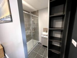 een badkamer met een douche en een wastafel bij Maison indépendante de vacances HARDELOT PLAGE in Neufchâtel-Hardelot