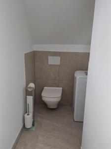 La petite salle de bains est pourvue de toilettes et d'un lavabo. dans l'établissement Ferienwohnung Lojane, à Kranenburg