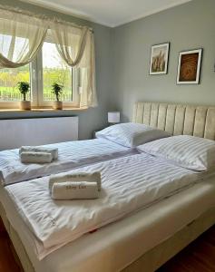 1 dormitorio con 1 cama grande y 2 almohadas en Osada Gęsin, en Zabór