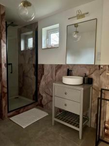 a bathroom with a sink and a mirror at Osada Gęsin in Zabór +51 photos