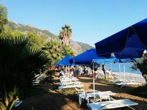 a group of chairs and umbrellas on a beach at Barreira Beachfront Room 1 in Verga Kalamata