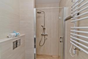 una doccia con una porta in vetro in un bagno di BlueApart Apartamenty Portowa a Jastarnia Altre 96 foto