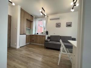 un soggiorno con divano e cucina di Apartament KLIFOWA REWAL przy plaży a Rewal