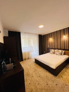 una camera d'albergo con letto, scrivania e letto Sidx Sidx. di Pensiunea Zimbrul a Poiana Brasov