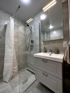 a bathroom with a shower and a sink and a mirror at OZO Life Apartment in Vilnius