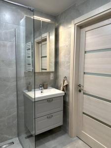 a bathroom with a sink and a glass shower at OZO Life Apartment in Vilnius