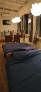 um quarto com uma cama com lençóis azuis e luzes em palmsﾌﾟﾗｲﾍﾞｰﾄプールから海と星空見える広々96平米 BBQ台 P5台分無料 wii WiFi em Ishigaki Island