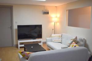 a living room with two couches and a flat screen tv at Birmingham City Centre Apartment room near China Town in Birmingham