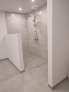 ein Bad mit einer Dusche mit einer weißen Wand in der Unterkunft Frankenholzer Ferienwohnung in Bexbach