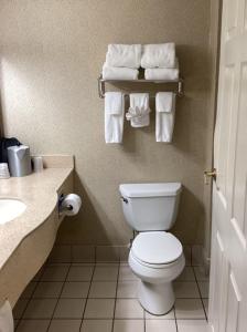 a bathroom with a white toilet and towels at Holiday Inn Vicksburg, an IHG Hotel in Vicksburg