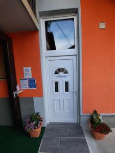 białe drzwi na pomarańczowym budynku z dwoma roślinami w obiekcie SUN RIVER KOLPA Ap Big w mieście Vinica