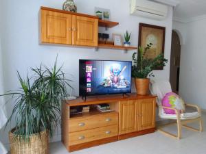 sala de estar con TV en un centro de entretenimiento de madera en Apartamento ROMERO Cabo Roig, solárium opcional, en Orihuela