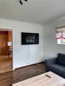 a living room with a couch and a tv on a wall at Aurland Stegastein Apartment in Aurland