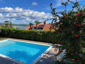 a swimming pool in front of a house with a tree at Villa Vilfanova- Apartments in Portorož