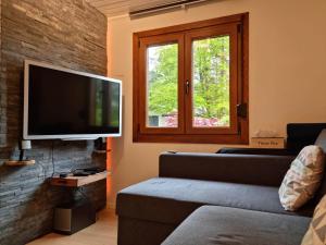 sala de estar con sofá y TV de pantalla plana en Le Cha'let Resteigne, en Wellin