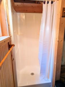 eine weiße Dusche mit einem weißen Duschvorhang in der Unterkunft Hidden Hollow Bed and Breakfast in Otto
