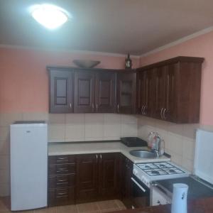 a kitchen with wooden cabinets and a white refrigerator at Apartments Avramovic in Žabljak