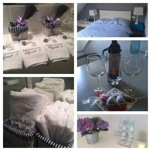 a collage of pictures with towels and a glass of wine at Apartamenty Rynek3 , Kazimierz Dolny in Kazimierz Dolny