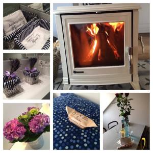 a collage of pictures of a television with a fire at Apartamenty Rynek3 , Kazimierz Dolny in Kazimierz Dolny