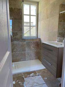 un baño con ducha y lavabo en Studio Ruben, en Bayeux