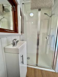a white bathroom with a shower and a sink at Shepherds Hut in enclosed field in Cardiff