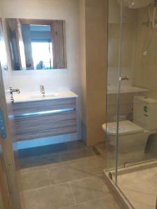 a bathroom with a shower and a toilet and a sink at Sidi Rahal Blue Beach Appartement Pieds Dans L'eau in Sidi Rahal