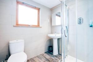 a bathroom with a toilet and a sink and a shower at Dolphins in Coverack