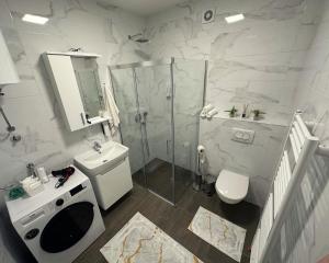 uma casa de banho com um chuveiro, um WC e um lavatório. em Apartment Hera with private garage em Lukavica