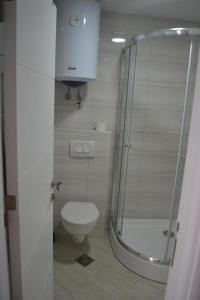 a bathroom with a toilet and a glass shower at Ačanski Apartments Bar in Bar +19 photos