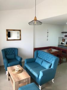a living room with two blue couches and a table at Ačanski Apartments Bar in Bar
