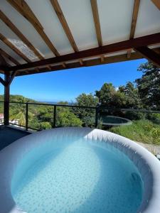 uma banheira de hidromassagem num quintal com vista em MonÉTOILE charmant bas de villa em Sainte-Marie