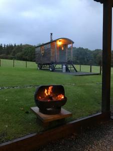 a fire pit in front of a tiny house at Foxgloves and Fairytales Hut with Hot Tub in Llanwrda