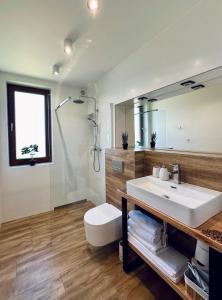 a bathroom with a sink and a toilet and a mirror at Apartamenty na Wyrszczku Apartament nr 3 in Istebna