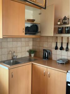 una cocina con armarios de madera y fregadero en Vlastaras Apartment, en Sivota