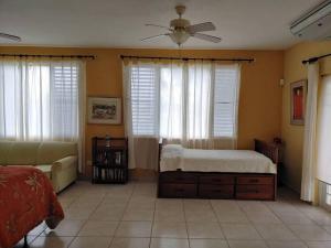 una camera con letto e ventilatore a soffitto di The Views Will Take Your Breath Away - Romantic Villa on the Beach a Arecibo