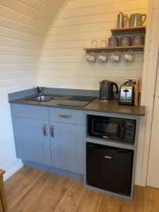 a kitchen with a sink and a counter with a microwave at Cwt y Gwenyn Glamping Pod in Conwy